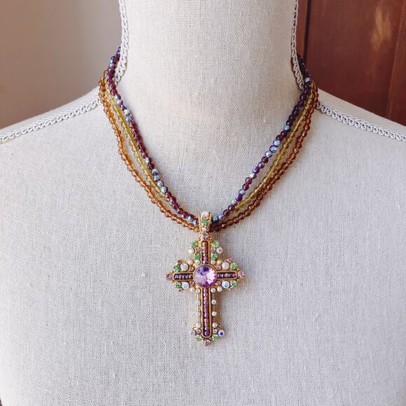 Colorful Glass Rhinestone Cross Christian Pendant Beaded Necklace Choker 16"-19" - Picture 2 of 12